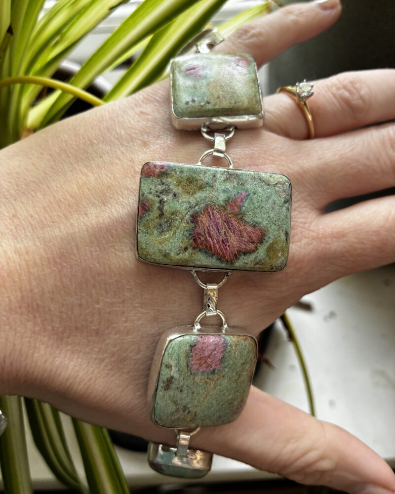 Handcrafted natural fuschite gemstone adjustable bracelet